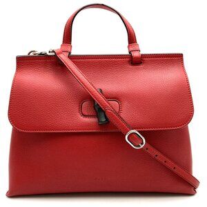 GUCCI Red Leather Bamboo Shoulder Bag